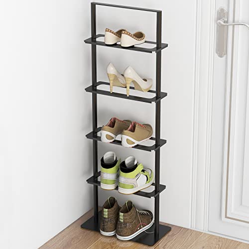Metal Shoe Stand, 5 Tier Vertical Shoe Rack, Narrow Shoe Rack for Small Space Saving Shoe Tower Sturdy, Free Standing Shoe Racks for Entryway, Matte Black Shoe Organizer for Closet