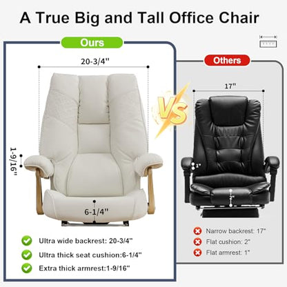 EXCEBET Big and Tall Executive Office Chair with Footrest, 400LBS Capacity Ergonomic High-Back Desk Office Chair with Lumbar Support, Padded Armrests & Thick Cushion, White PU Leather Chairs - color: White