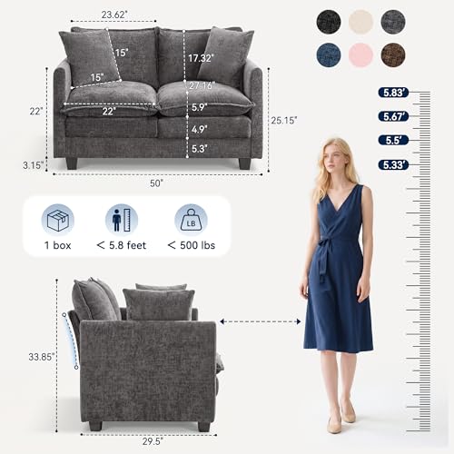 Loveseat Sofa Couch 2 Piece Set, Small Compact 50" Love Seat 27" Deep Cloud Sofa Set Washable Chenille Pillow Living Room Set for Apartment Office 50-Grey-2+2-1 - color: Grey, size: 50"+50"