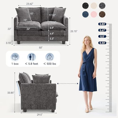 Loveseat Sofa Couch 2 Piece Set, Small Compact 50" Love Seat 27" Deep Cloud Sofa Set Washable Chenille Pillow Living Room Set for Apartment Office 50-Grey-2+2-1 - color: Grey, size: 50"+50"