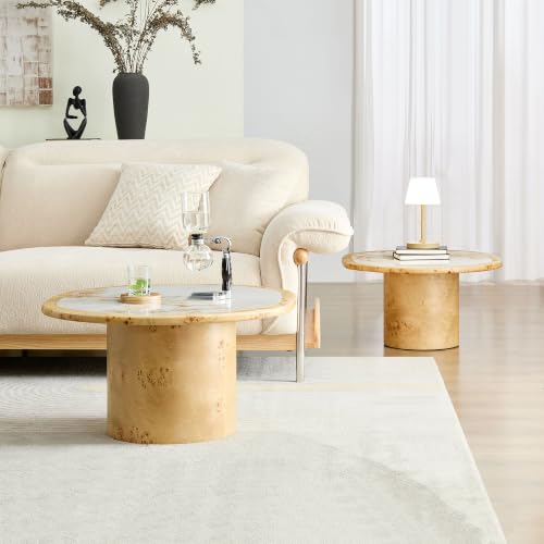 Nesting Coffee Table Set of 2 with Sintered Tabletop, Natural | 29.13" & 23.38" Modern Irregular Kitchen Table, Burl Wood Veneer, Sturdy MDF Pedestal Base for living Room, Easy Assembly - color: 29.13" & 23.38", Natural