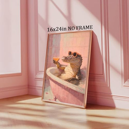 Pink Sunglasses Wall Art Funky Animal Posters Aesthetic Cocktail Picture Animal Drinking Wall Art Funny Bathroom Animals Prints Crocodile Artwork Pink Bathtub Painting Bathroom Humor Poster Frameless - color: G2Unframed