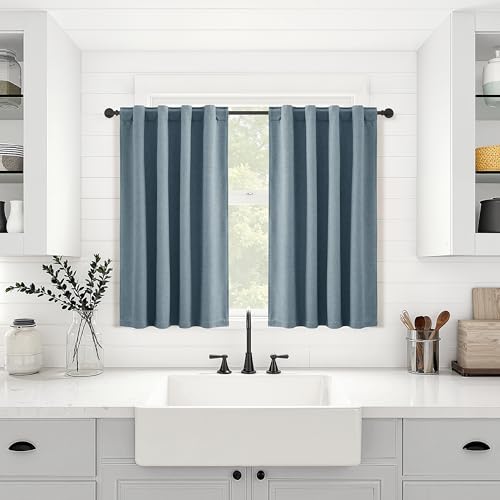 100% Blackout Kitchen Linen Curtains Back Tab 30 Inch Length Privacy Elegant Mini Cafe Curtain for Rustic Farmhouse Bathroom Thermal Insulated Bedroom Small Drape Over Sink Blue 26x30 - color: Blue, size: 26"W x 30"L (Pack of 2)