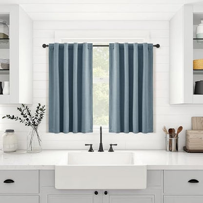 100% Blackout Kitchen Linen Curtains Back Tab 30 Inch Length Privacy Elegant Mini Cafe Curtain for Rustic Farmhouse Bathroom Thermal Insulated Bedroom Small Drape Over Sink Blue 26x30 - color: Blue, size: 26"W x 30"L (Pack of 2)