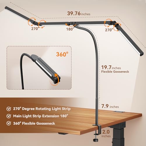 Led Desk Lamps for Home Office - Eye Caring Architect Lamp with Clamp, Double Head Computer Monitor Work Desk Light with Remote Control: 24W Flexible Dimmable Desktop Table Lamp - color: Dark Black