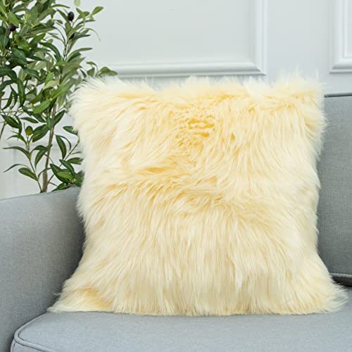 LIGICKY Luxury Series Soft Faux Fur Throw Pillow Cover Decorative Square Plush Pillow Case Cushion Cover for Couch Sofa Bed, 18" x 18" Light Yellow - color: Pale Yellowish, size: 18" x 18" (Pack of 1)
