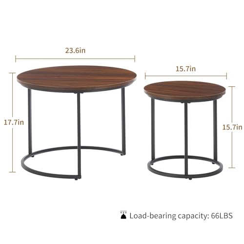 Round Nesting Coffee Table Set of 2, Stacking Minimalist End Table | Modern Marble Pattern Wooden Nesting Tables for Living Room Bedroom Small Space, Black Leg+Brown top - color: Black Leg+brown Top