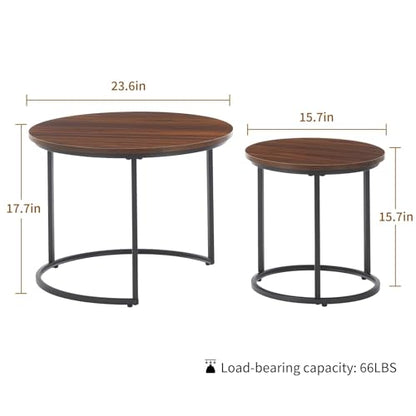 Round Nesting Coffee Table Set of 2, Stacking Minimalist End Table | Modern Marble Pattern Wooden Nesting Tables for Living Room Bedroom Small Space, Black Leg+Brown top - color: Black Leg+brown Top