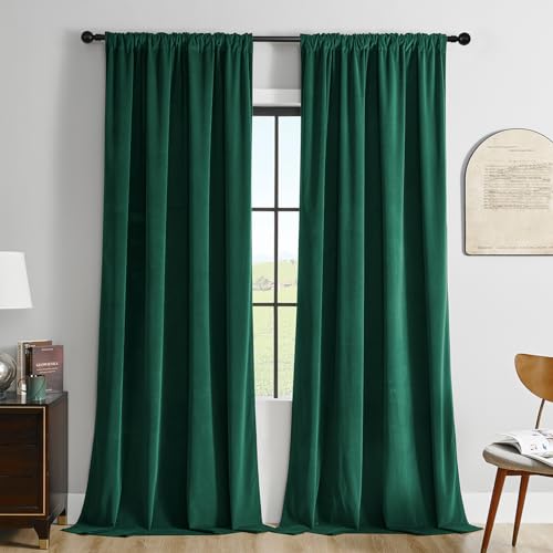 Joydeco Dark Green Velvet Curtains 63 inch Length 2 Panels Burg Set, Luxury Rod Pocket Thermal Insulated Window Blackout Curtain, Room Darkening Drapes for Living Dining Room Bedroom Privacy - color: Rod Pocket | Dark Green, size: 52"W x 63"L (Pack of 2)
