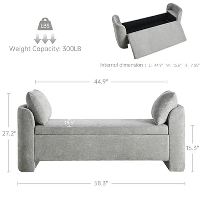 Usaint 58.3" Upholstered Storage Ottoman Bench with 2 Throw Pillows, Grey | End of Bed Bench with Curved Arms and Thickened Seat Cushion for Bedroom, Livingroom, Window, Entryway and Dressing Areas - color: Grey