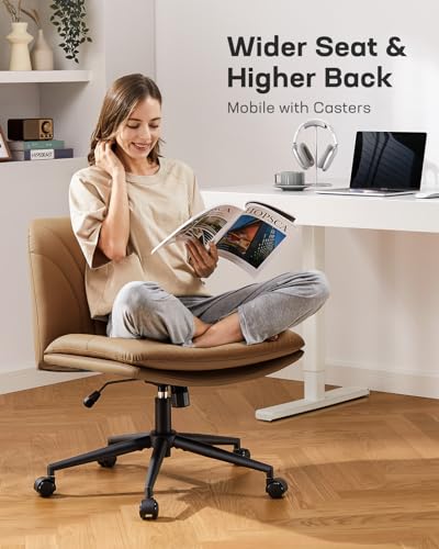 Marsail Armless-Office Desk Chair with Wheels: PU Leather Cross Legged Wide Chair,Comfortable Adjustable Swivel Computer Task Chairs for Home,Office,Make Up,Small Space,Bed Room, Brown - color: Brown