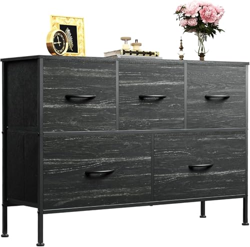 WLIVE 5 Drawer Dresser for Bedroom, Wide Chest of Drawers, Black Wood Grain | 5 roomy fabric drawers, Wide low-profile design, Bedroom or closet use, Sturdy steel frame, Smooth wood tabletop - color: Charcoal Black Wood Grain Print, size: 11.73"D x 39.37"