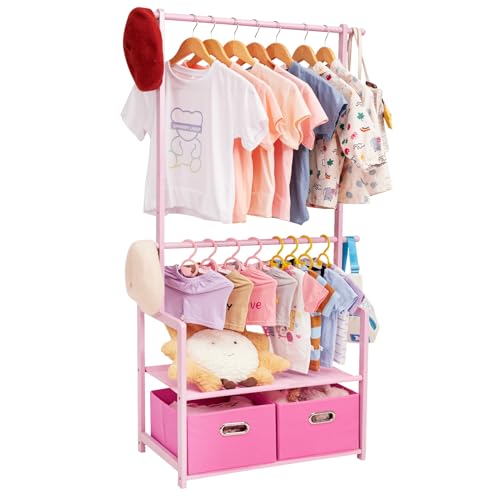 Bamboo Kids Clothing Rack: Holds Up To 121 Lbs of Dress-Up Clothes | 2 Adjustable Hanging Rods & 2 Storage Baskets With Shelf - Child Garment Holder for Playroom & Toddler Bedroom (Pink) - color: Pink