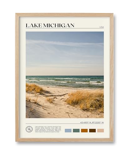 HesenDot Natural OAK Wood Lake Michigan Framed Wall Art,12x16in Natural Scenery Canvas Wall Print,Classic Urban City Landmark Wall Decor for Living Room,Bedroom,Office Gallery Gifts Set of 1 - color: Framed Lake Michigan Oak