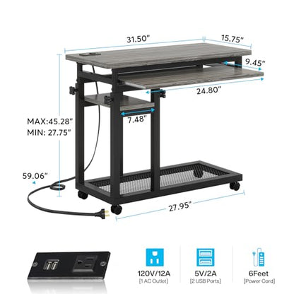 Tribesigns Small Portable Desk with Power Outlet, Height Adjustable Sofa Couch Bedside Laptop Table with Wheels, Mobile Standing Desk Rolling Computer Cart C Side Table with USB Ports - color: Grey