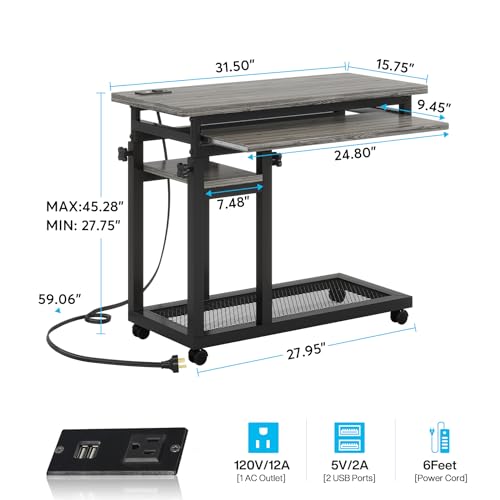Tribesigns Small Portable Desk with Power Outlet, Height Adjustable Sofa Couch Bedside Laptop Table with Wheels, Mobile Standing Desk Rolling Computer Cart C Side Table with USB Ports - color: Grey
