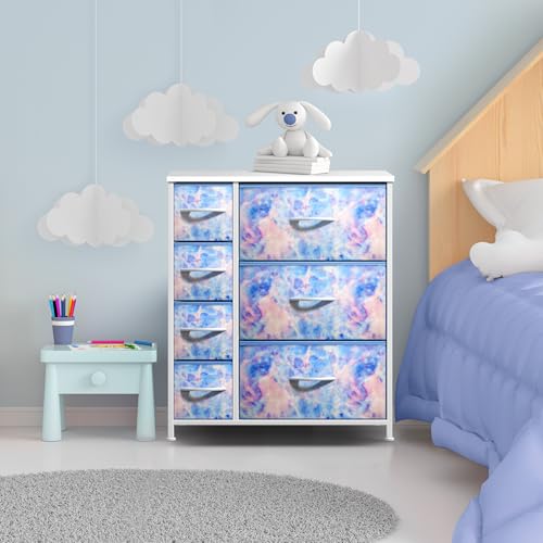 Sorbus Kids Dresser with 7 Drawers - Storage Chest Organizer Unit with Steel Frame, Wood Top & Handles, Tie-dye Fabric Bins for Clothes - Wide Furniture for Bedroom Hallway Kids Room Nursery & Closet - color: Pastel Tie-dye