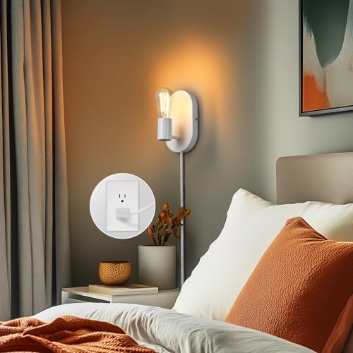 Globe Electric 65000134 1-Light Plug-in or Hardwire Wall Sconce, Matte White, 6ft White Fabric Covered Cord, Inline On/Off Rocker Switch, Bedroom, Living Room, Mounted Lamp