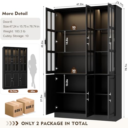78.7" Kitchen Pantry Storage Cabinet with LED Lights, Tall Pantry Cabinet with Glass Doors, Kitchen Hutch Utility Pantry, Black (47.2" W x 15.7" D) - color: Black, size: 6 Doors