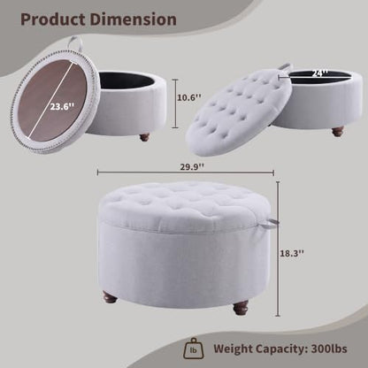 30" Round Storage Ottoman Coffee Table, Tufted Lid & Wood Top, Gray | Nailhead Trim Solid Wood Legs Extra Large Footrest Linen-Like Fabric - color: Grey