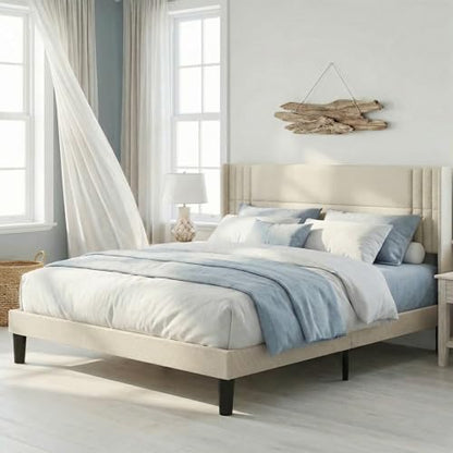 Gizoon King Bed Frame with Wingback Headboard, Upholstered Platform Bed | Bed Frame with Padded Headboard,Wooden Slats, Noise-Free, No Box Spring Needed, Easy Assembly,Beige - color: Beige, size: King