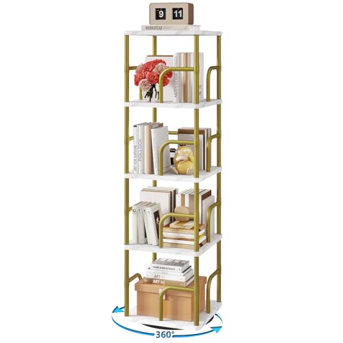 IBUYKE 5 Tier Rotating Bookshelf,Square Bookcases,White TBC004GW | 360°Spinning Bookcases Tower Freestanding Corner Bookshelf with Rails Industrial Bookcase Organizer for Bedroom Living Room - color: White, size: 5 Tier