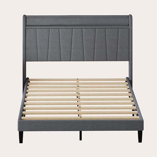 Queen Size Bed Frame with Headboard, Platform Bed with Upholstered Wingback Storage Headboard, Slats Support, No Box Spring Needed Dark Grey