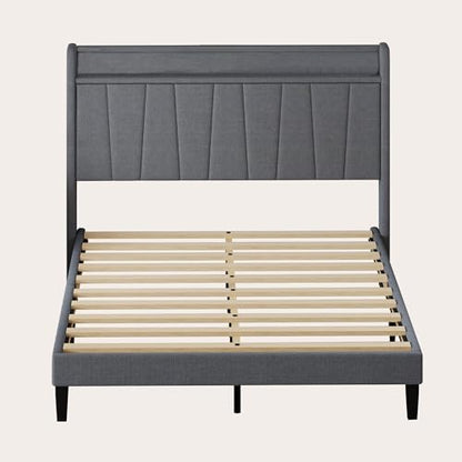 Queen Size Bed Frame with Headboard, Platform Bed with Upholstered Wingback Storage Headboard, Slats Support, No Box Spring Needed Dark Grey