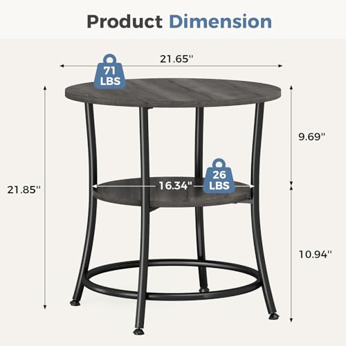 OLIXIS 21.85-Inch Round End Table, 2-Tier Side Table for Living Room, Accent Stand with Storage Shelf, Sturdy Metal Frame Nightstand for Small Space, Round Bedside, Grey Wood Grain - color: Grey Wood Grain