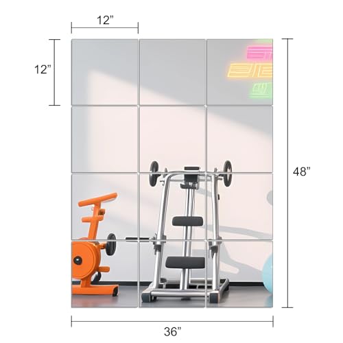 Ruomeng Home Gym Mirrors 12 Inch x 12Pcs Wall Mounted Mirror Glass Frameless Full Length Mirror Tiles for Home Gym, Bedroom, Door & Bathroom | Full Length, Workout Mirror Panels for Garage, Bedroom, Living Room, Over The Door, Frameless Mirror Sets - size
