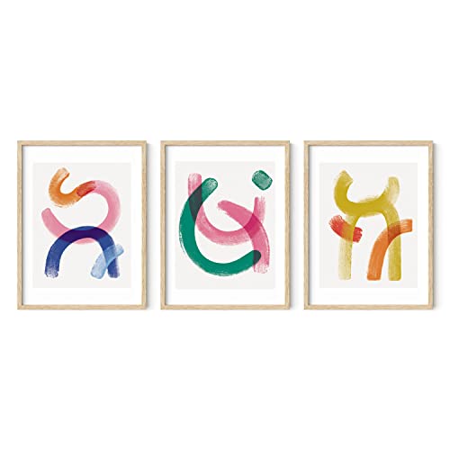 HAUS AND HUES Geometric Wall Art - Set of 3 Modern Abstract Prints, Minimalist Wall Decor, Contemporary Home Artwork (Beige Frame, 12x16) - color: Bright Abstract, size: 12"L x 16"W, style: Beige Framed