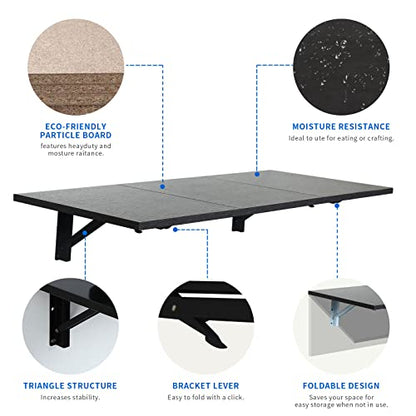 Folding Wall Desk, Wall Desk Fold Down Wall Mounted Desk for Small Space, Floating Desk, Black, 35.4 x 15.8 inch, Large