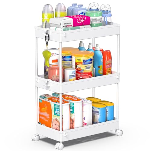 SPACEKEEPER 3 Tier Rolling Cart, Bathroom Cart Organizer with Wheels, White | Mobile Storage Cart for Laundry Room Organization,Kitchen,Office,Bathroom, Utility Cart for Snack,Craft,Art,Makeup,Nail,Toys - color: White, size: 3 Tier
