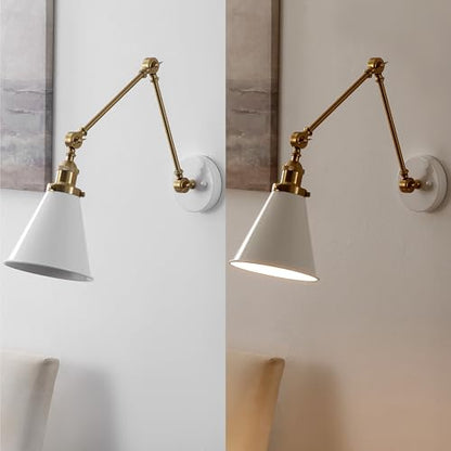 JONATHAN Y Rover 1-Light Wall Sconce 7", White/Brass Gold, Set of 2 | Adjustable Arm, Hardwired Bedside Reading Swing Arm, Farmhouse Cone Shade, Metal Hardwired Indoor Fixture, LED Bulbs Included - color: White/Brass Gold, size: Set of 2