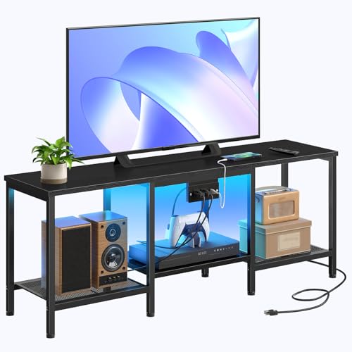 HOOBRO BB122UDDS01 충전 스테이션이 있는 TV 스탠드, LED 엔터테인먼트 센터, 거실, 침실용 오픈 보관 선반이 있는 미디어 TV 콘솔 테이블, 블랙 - color: 블랙.