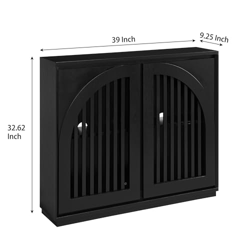 Mid Century Modern Small Sideboard Cabinet 39'' Narrow Dining Buffet Coffee Bar Accent Storage Cabinet for Living Room Hallway Entryway, Black - color: Black, size: Slat Doors