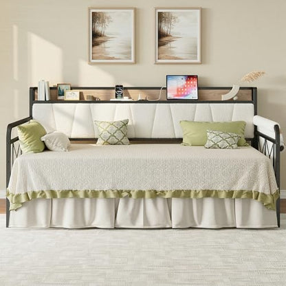 LIKIMIO Twin Daybed, Day Bed Frame with 2 Storage Drawers, Charging Station | Sofa Daybed with Boucle Upholstered Headboard, Storage Shelf & Bag, Strong Supports for Bedroom and Guest Room, Cream