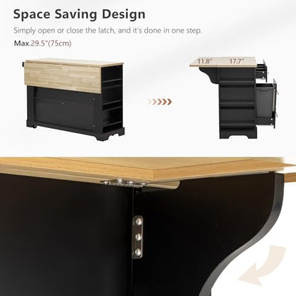 Charging Kitchen Island with 6 Drawers & Drop Leaf, Mobile Cabinet w/Trash Bin Compartment (Not Included), Rustic Wood Cart for Small Spaces (Black/D6) - color: Black/D6)