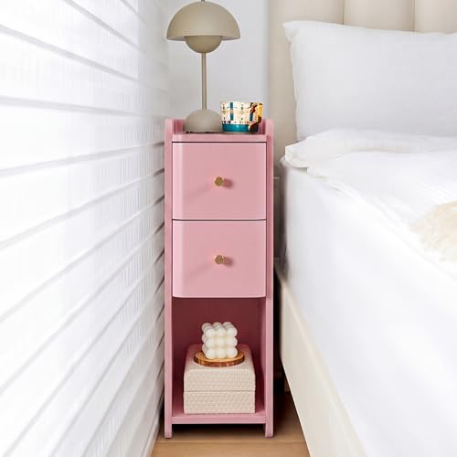 Narrow Nightstand Set of 2, Wooden Small 2 Drawer Nightstand, Slim Side End Table, Skinny Bedside Table, Mid Century Modern Night Stand with Drawers for Bedroom (Pink-1 pc) - color: Pink-1 Pc