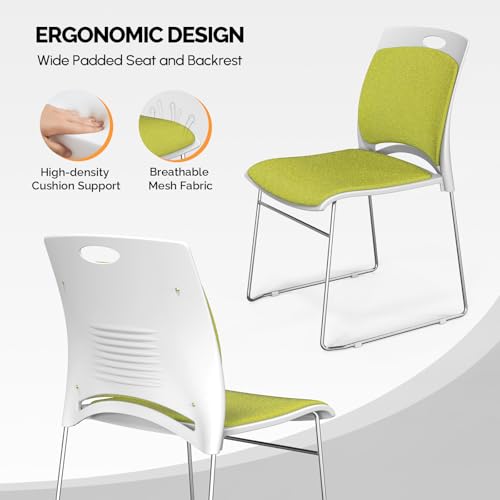 VINGLI Stackable Plastic Mesh Padded Chairs for Office Set of 20, Green | Stacking Chairs with Metal Sled Base, Ergonomic Plastic Pad Seat & Back, Waiting Banquet Guest Break Room, Easy to install - color: Green, size: 20 Pack