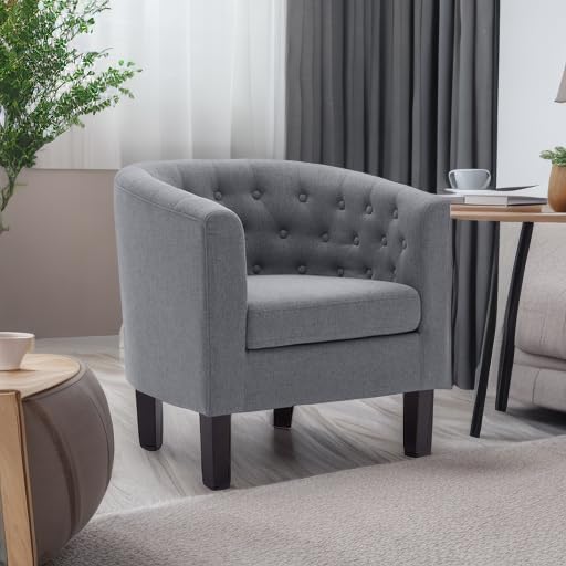 BELLEZE Accent Barrel Arm Chair, Modern Comfy Upholstered Tufted Club Chair with Sturdy Legs and Linen Fabric for Bedroom Living Room - Gray - color: Grey, size: 1 x Linen Chair