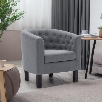 BELLEZE Accent Barrel Arm Chair, Modern Comfy Upholstered Tufted Club Chair with Sturdy Legs and Linen Fabric for Bedroom Living Room - Gray - color: Grey, size: 1 x Linen Chair