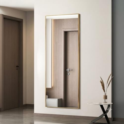 Aluminum Frame Mirror, 59"x16" Full Length Mirror with Stand, Free Standing Leaning Mirror Hanging Mounted Mirror for Bathroom Living Room, Gold - color: Gold-rectangular, size: 59"L x 16"W