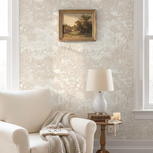 Ismoon Vintage Wallpaper Peel and Stick Beige Neutral Wallpaper 17.3in x6.56ft Forest Animals Contact Paper for Bedroom Thicken Waterproof Self-Adhesive Wall Paper Removable Renter Friendly Vinyl - color: Light Beige, size: 17.3" x 78.7"