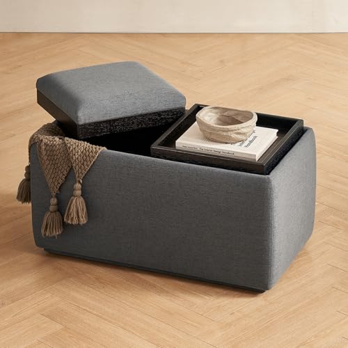 mopio Levi Storage Bench with Reversible Tray, Modern Storage Coffee Table, Bedroom Bench, Rectangular Cube Upholstered Coffee Table Ottoman for Living Room, Bedroom, Entryway (Fabric, Dark Gray) - color: Dark Gray Fabric, Rect.