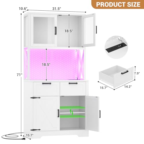 Unikito 71" Tall Kitchen Pantry Cabinet with Outlet and LED Light, White | Farmhouse Microwave Stand Storage Hutch with Glass Doors, DIY Pegboard, Drawers & Adjustable Shelf Unit for Dining Room - color: White, size: 32 Inch