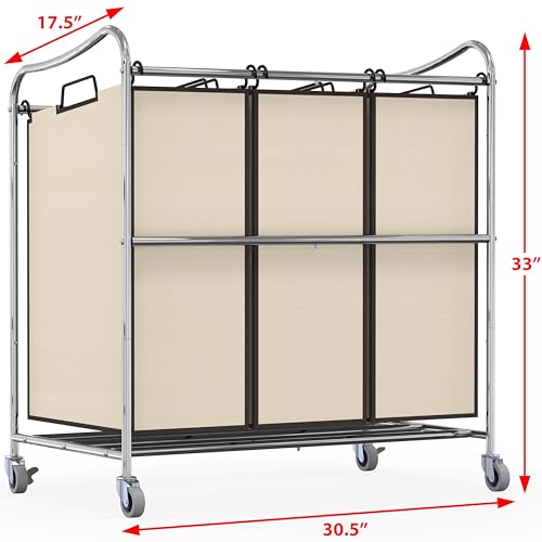 Simple Houseware Heavy Duty 3-Bag Laundry Sorter Rolling Cart, Chrome | Removable Bags and Lockable Wheels for Laundry Room Organization - color: Chrome