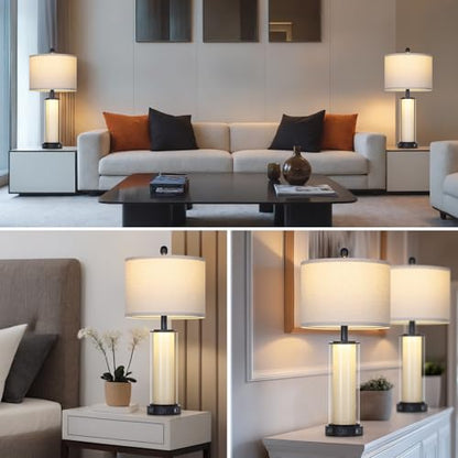 Black Glass Table Lamps Set of 2, 26" Living Room Lamp with Built-in Frosted Glass Night Light, Modern Bedroom Lamp with USB C+A Ports & AC Outlet, Bedside Lamps for Nightstand (4 Bulbs Included) - color: Black