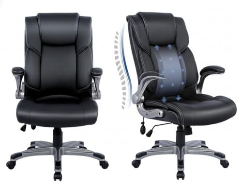 COLAMY Leather Executive Office Chair- High Back Home Computer Desk Chair with Padded Flip-up Arms, Adjustable Tilt Lock, Swivel Rolling Ergonomic Chair for Adult Working Study-Black, Set of 2 - color: Black, size: Set of 2