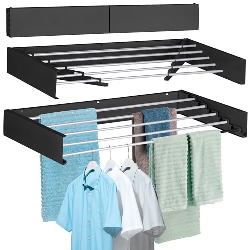 Laundry Drying Rack Wall Mounted Clothes Drying Rack Black,31.5" | Collapsible Drying Rack With 5 Aluminum Rods and Drilling Template Long Screwdriver Bit 60 lbs Capacity - color: Black, size: 31.5"
